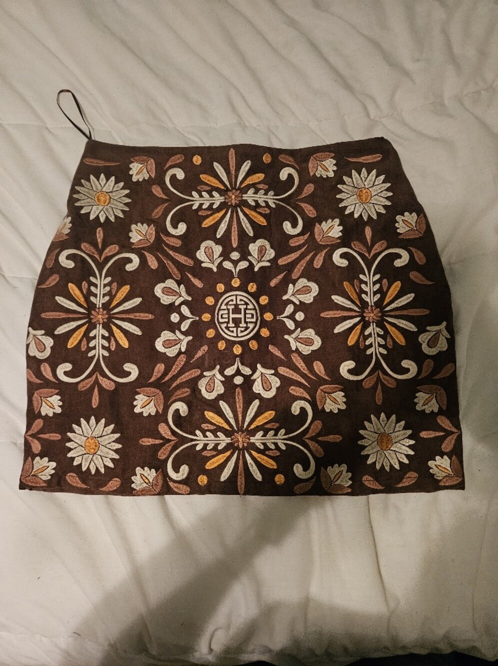 New Herencia Plebita Embrodiered Suede Brown Floral Mini Skirt, Large